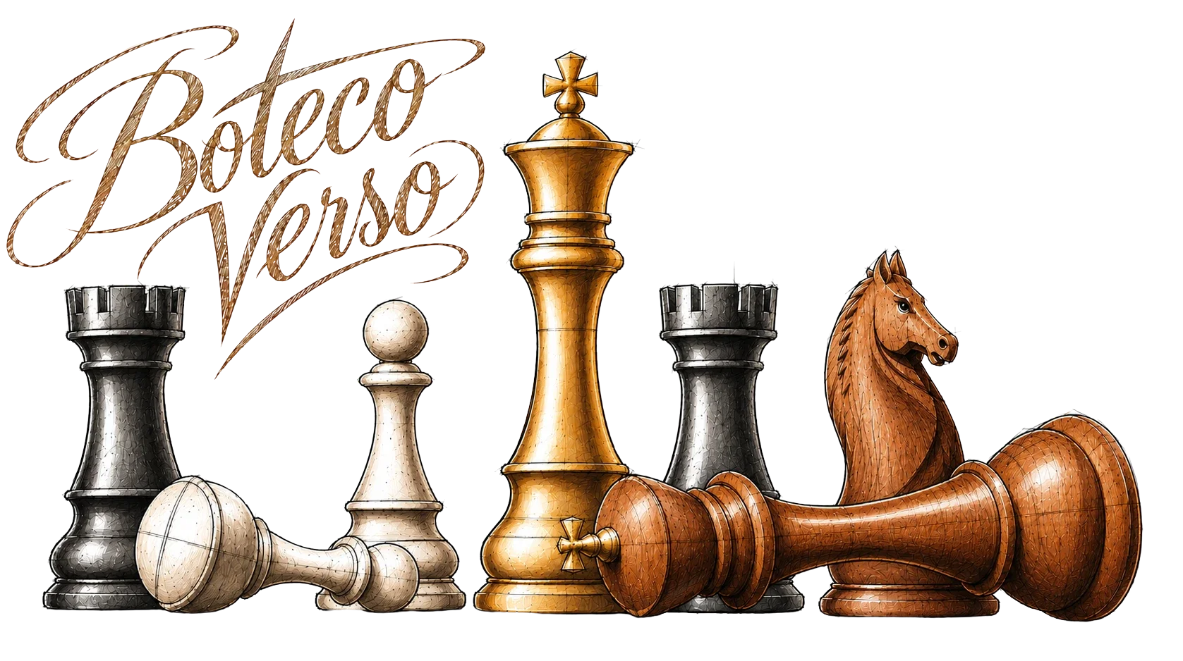 Ilustração de peças de xadrez com o logo Boteco Verso